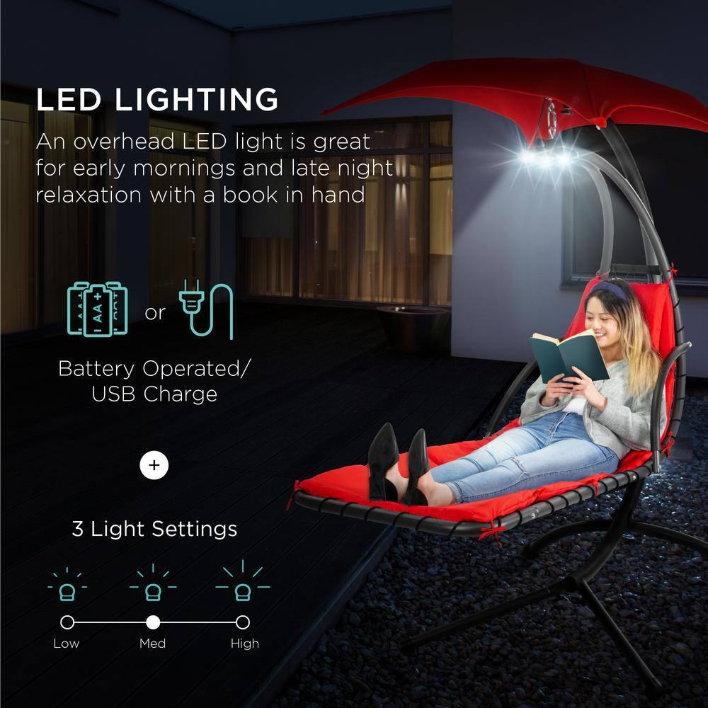 Best Choice Products Hanging LED-Lit Curved Chaise Lounge Chair for Backyard, Patio w/ Pillow, Canopy, Stand - Red