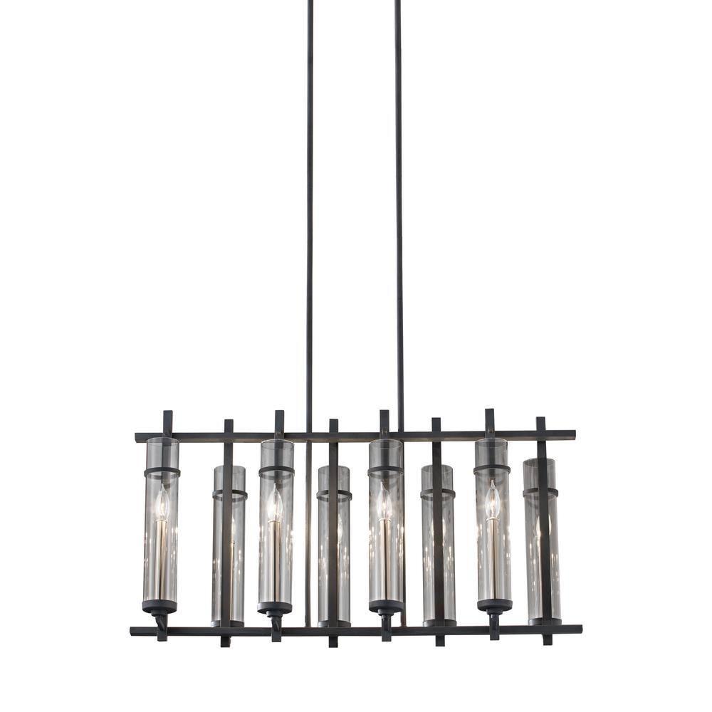 Ethan 8-Light Antique Forged Iron/Brushed Steel Contemporary Industrial Linear Billiard Island Candlestick Chandelier