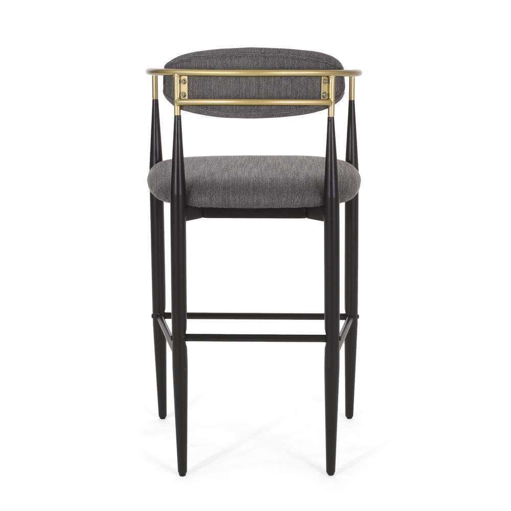 Noble House Boise Indoor Fabric and Metal 30 inch Barstools, Set of 2, Charcoal, Black, and Gold.