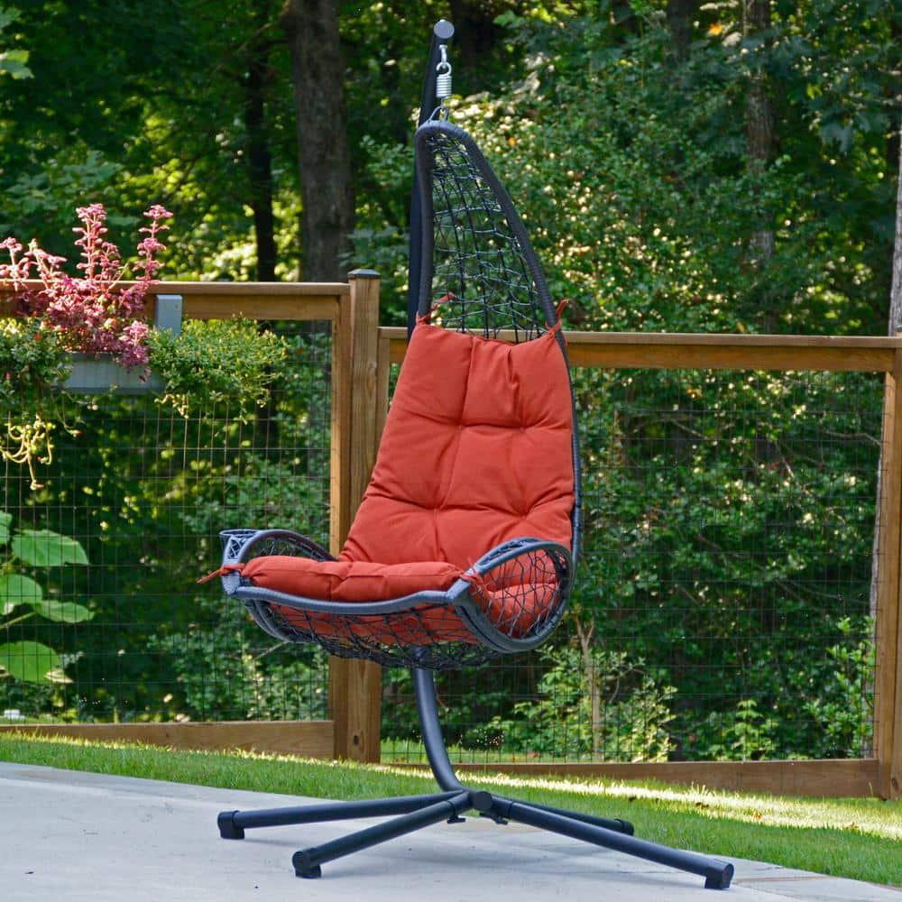 Cushioned Rattan Wicker Hanging Chair with Stand - Terra Cotta - Algoma: Outdoor Patio Furniture, UV Resistant