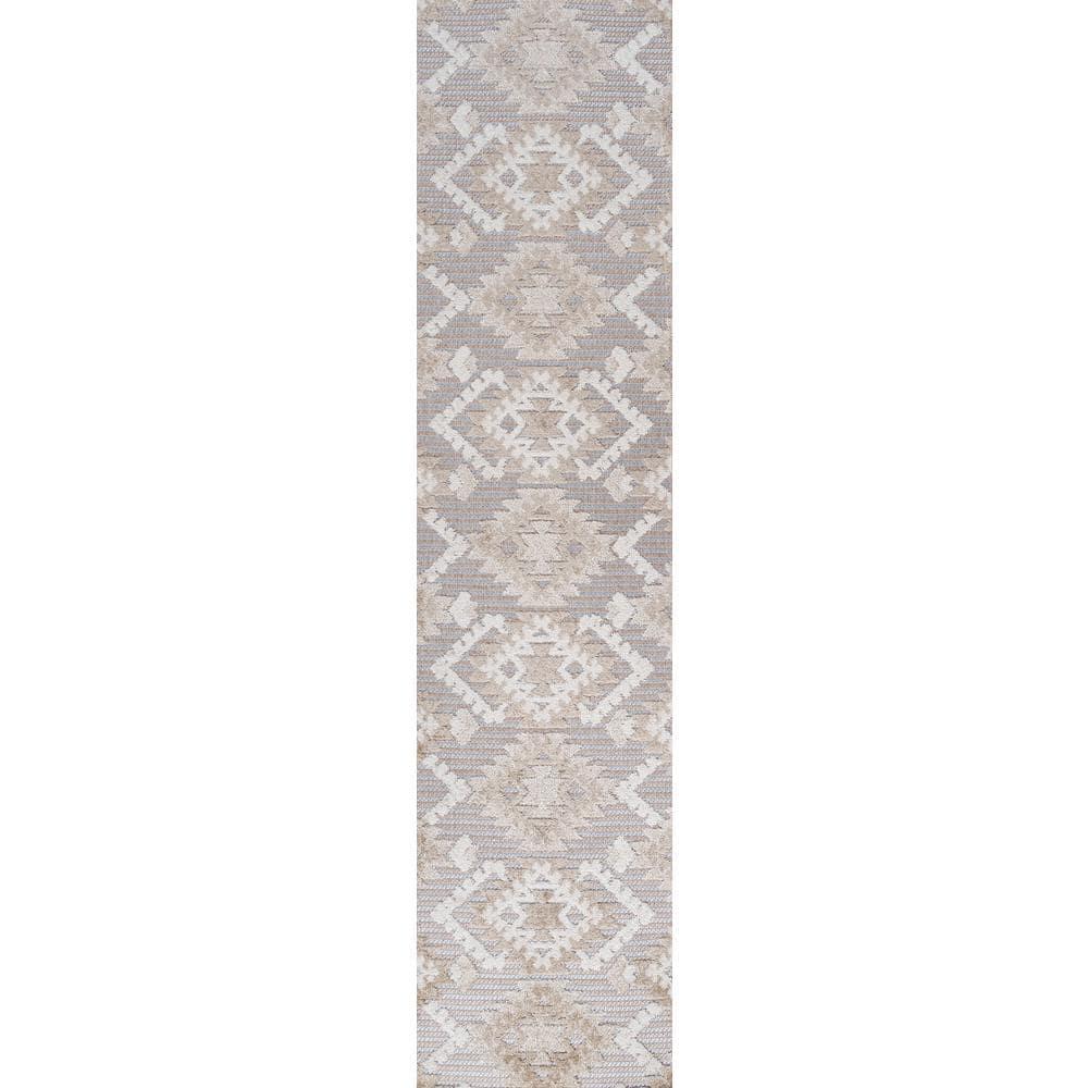 2'x10' Sumak High-Low Pile Neutral Diamond Kilim Indoor/Outdoor Runner Rug, Beige/Gray - JONATHAN Y