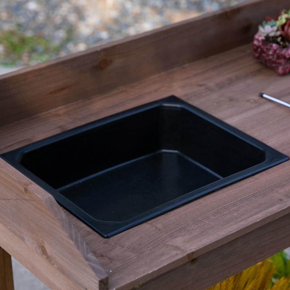 Outsunny 36'' Wooden Potting Bench Work Table with 2 Removable Wheels, Sink, Drawer & Large Storage Spaces, Brown