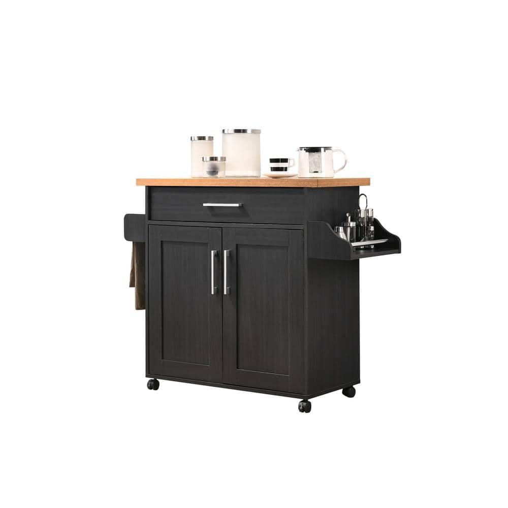 Hodedah Wheeled Kitchen Island with Spice Rack and Towel Holder, Black/Beech