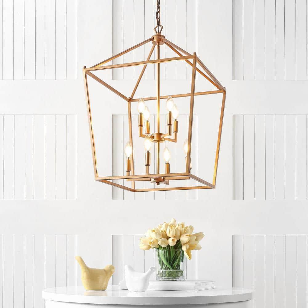 Pagoda 20" 8-Bulb Lantern Metal LED Pendant, Antique Gold