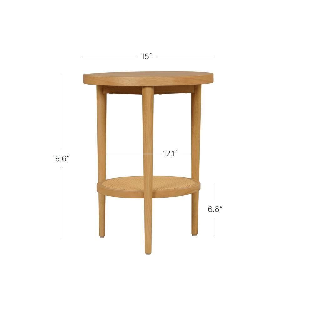 Sonia Light Brown Round Wood End Table with Rattan Shelf, Set of 2