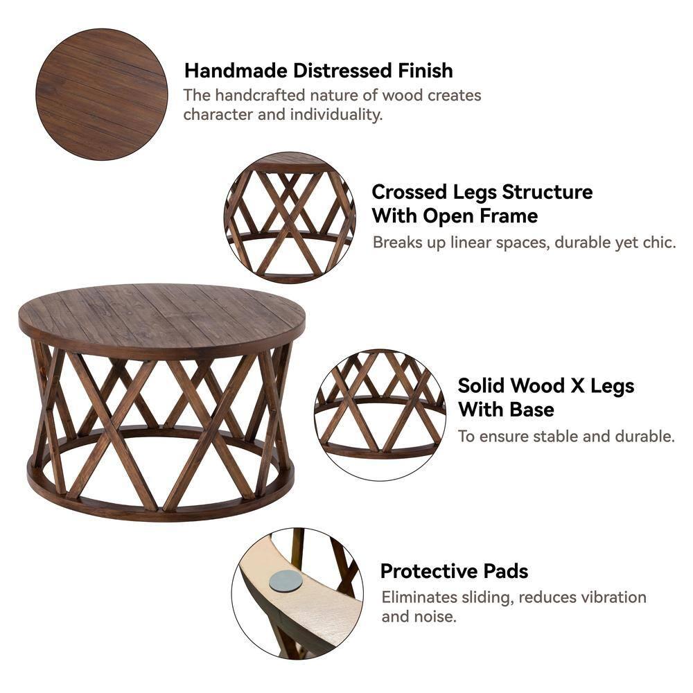 COZAYH Farmhouse Coffee Table, Rustic Round Coffee Table with X-Motifs Legs, Wood Textured Top, for Boho, French Country Decor, Brown
