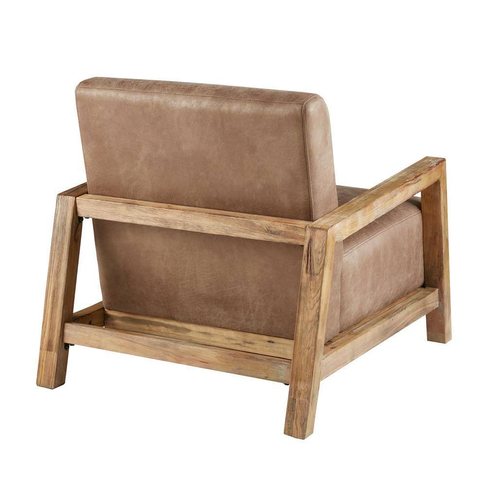 Easton Accent Chair Taupe/Natural: Solid Wood Arms, Reclaimed Finish, Polyurethane Leather