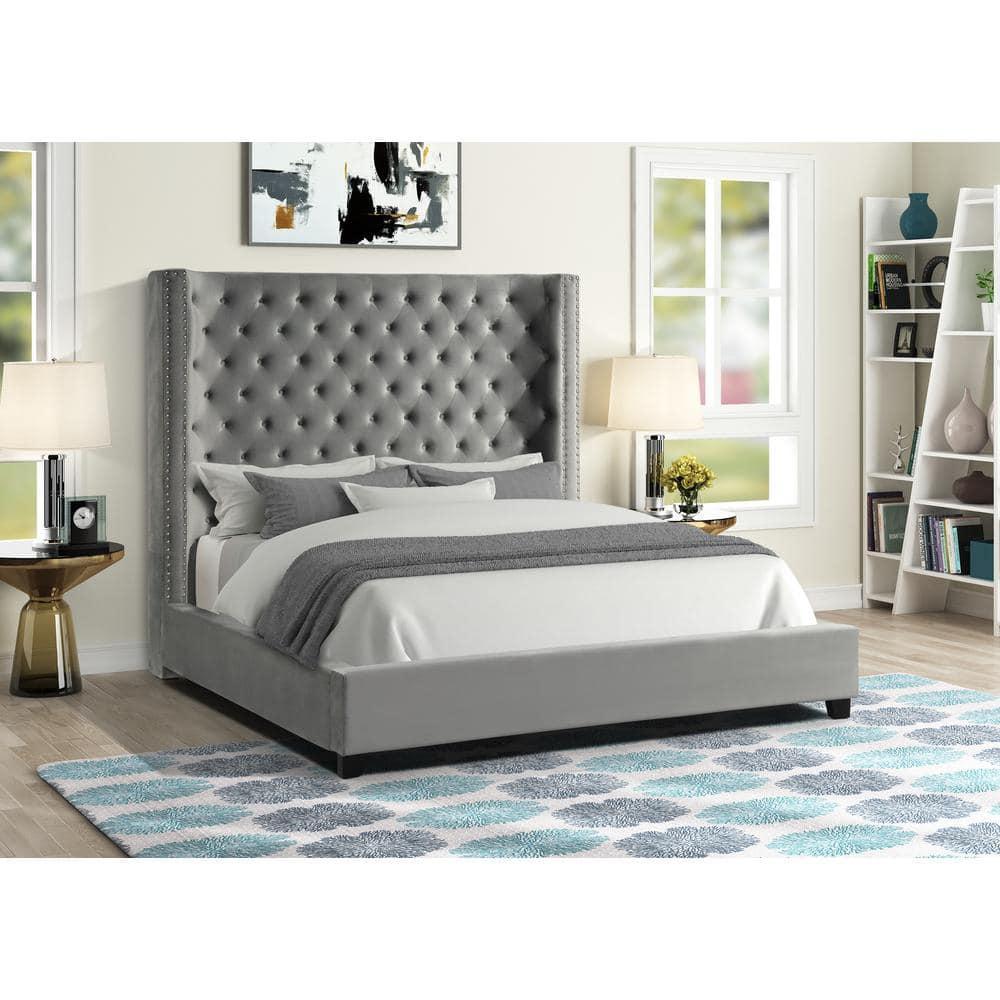 Yvonne Velvet Upholstered Cali King Platform Bed in Gray