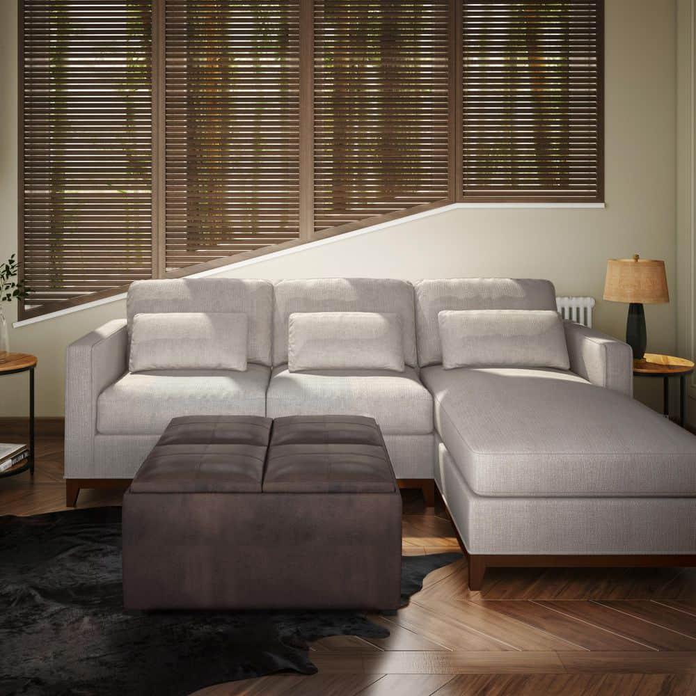 Simpli Home Avalon 35"W Upholstered Square Coffee Table Storage Ottoman with Flip-Over Trays