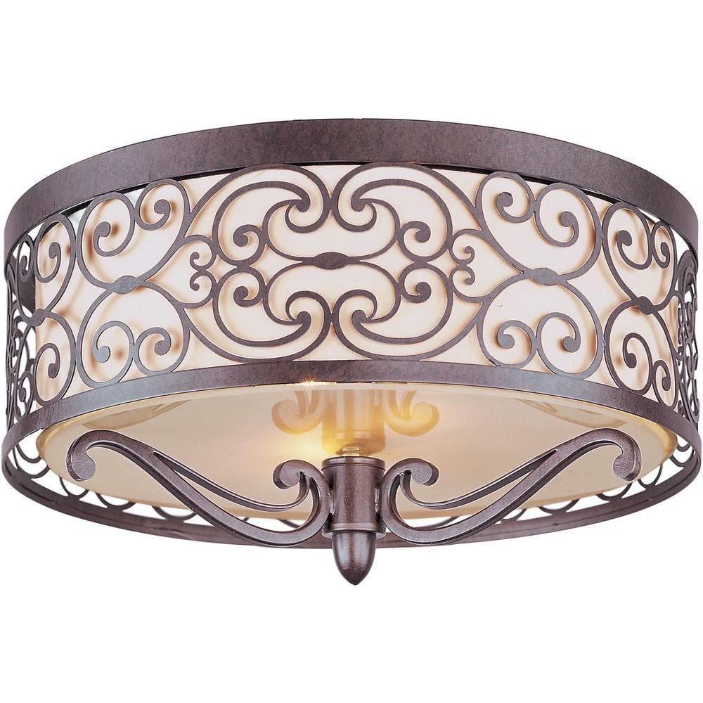 Umber Bronze 2-Light Drum Flush Mount with Off-White Fabric Shade