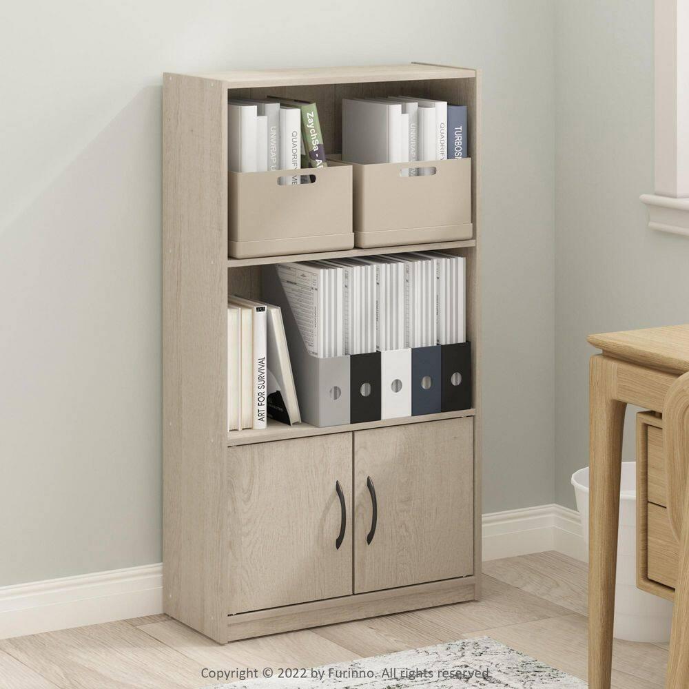 Furinno Gruen 2-Tier Open Shelf Bookcase with 2 Doors Storage Cabinet, Metropolitan Pine