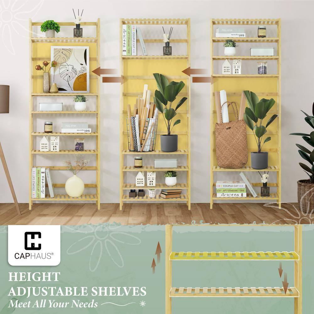 CAPHAUS 6-Tier Bamboo Shelf, Bamboo Open Storage Bookcase with Adjustable Layer, Freestanding Plant Display Stand, Multifunctional Storage Rack Stand for Bathroom, Bedroom, Kitchen, White