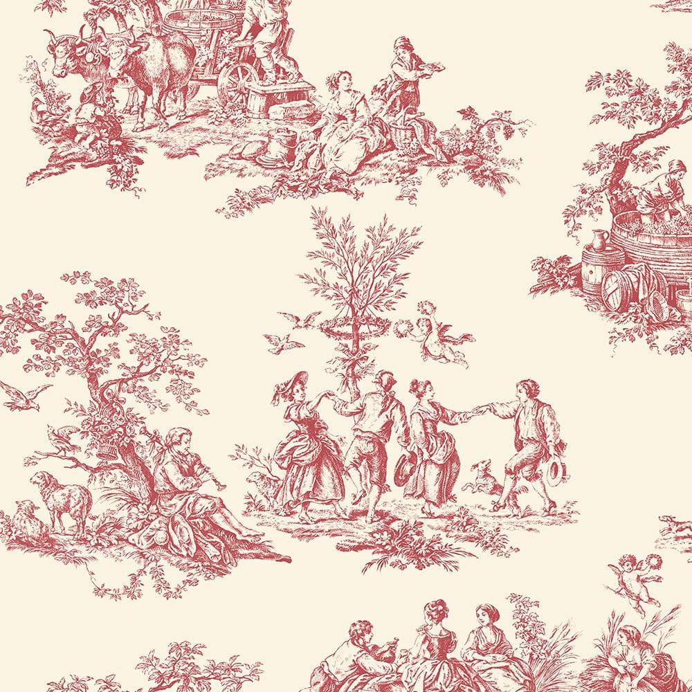 Romantic Victorian Red and Cream Toile Wallpaper