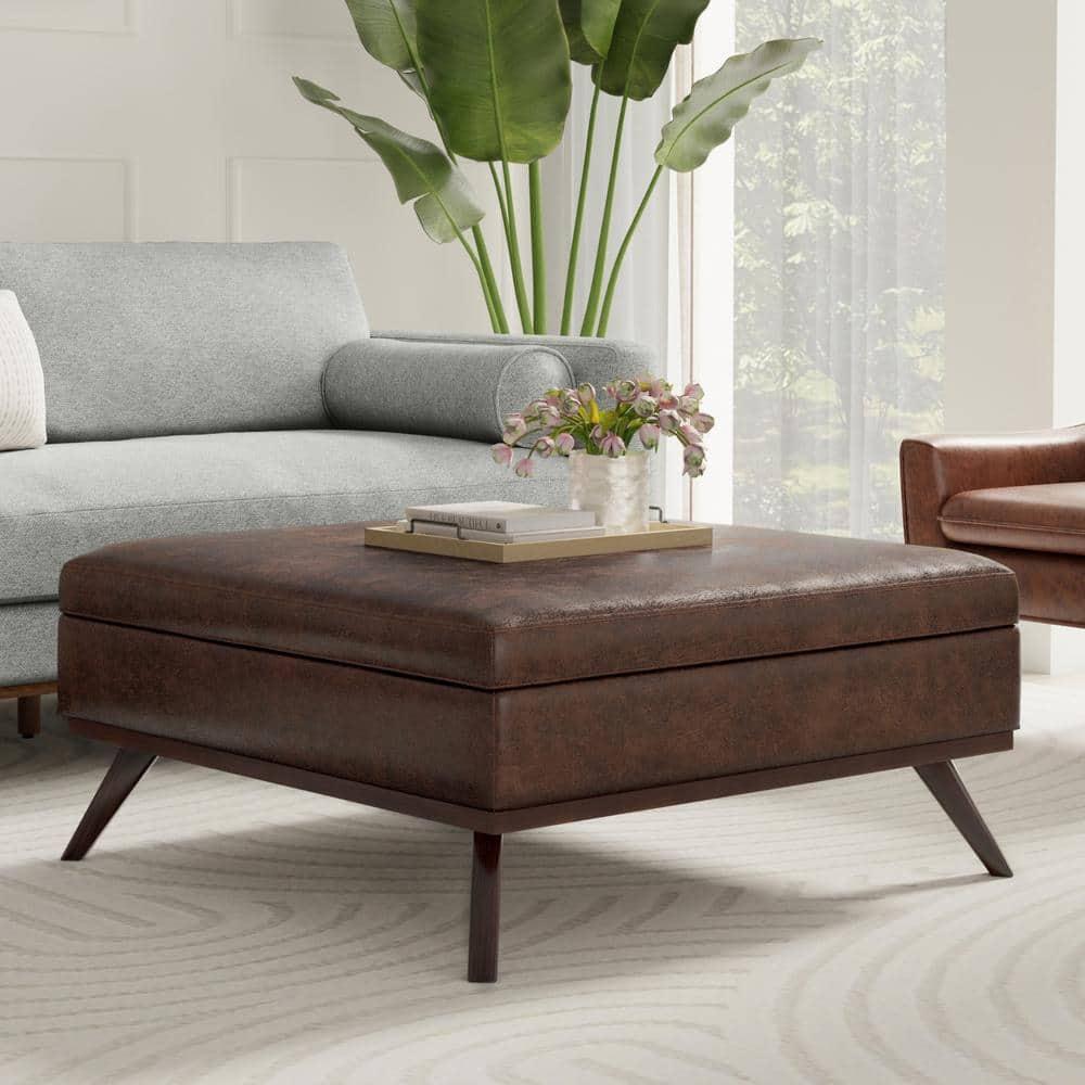 Simpli Home Owen 40"W XL Upholstered Square Coffee Table Storage Ottoman with Lift Top and Solid Wood Legs
