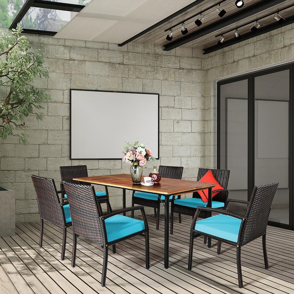 Costway 7PCS Patio Rattan Dining Chair Table Set with Cushion Umbrella Hole Turquoise