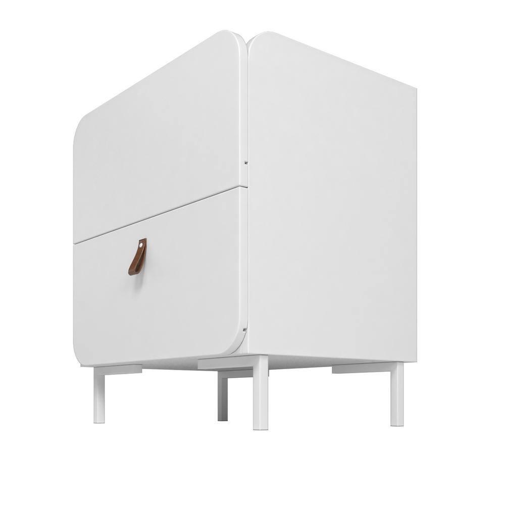 Manhattan Comfort Set of 2 Bogardus Mid Century Modern Nightstands White: Rounded Drawer, Leather Pull, Particle Board