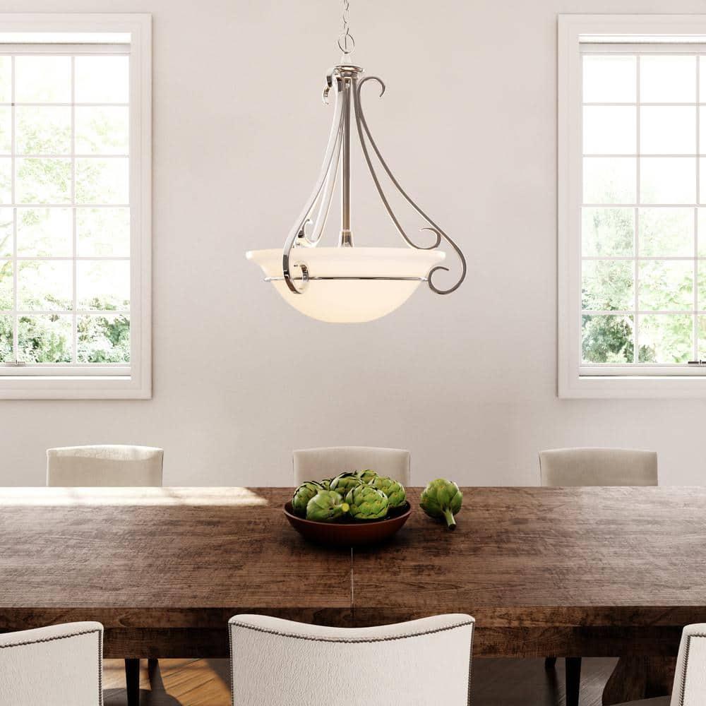 Progress Lighting Torino 3-Light Inverted Pendant, Brushed Nickel, Etched White Glass Bowl, Porcelain Material
