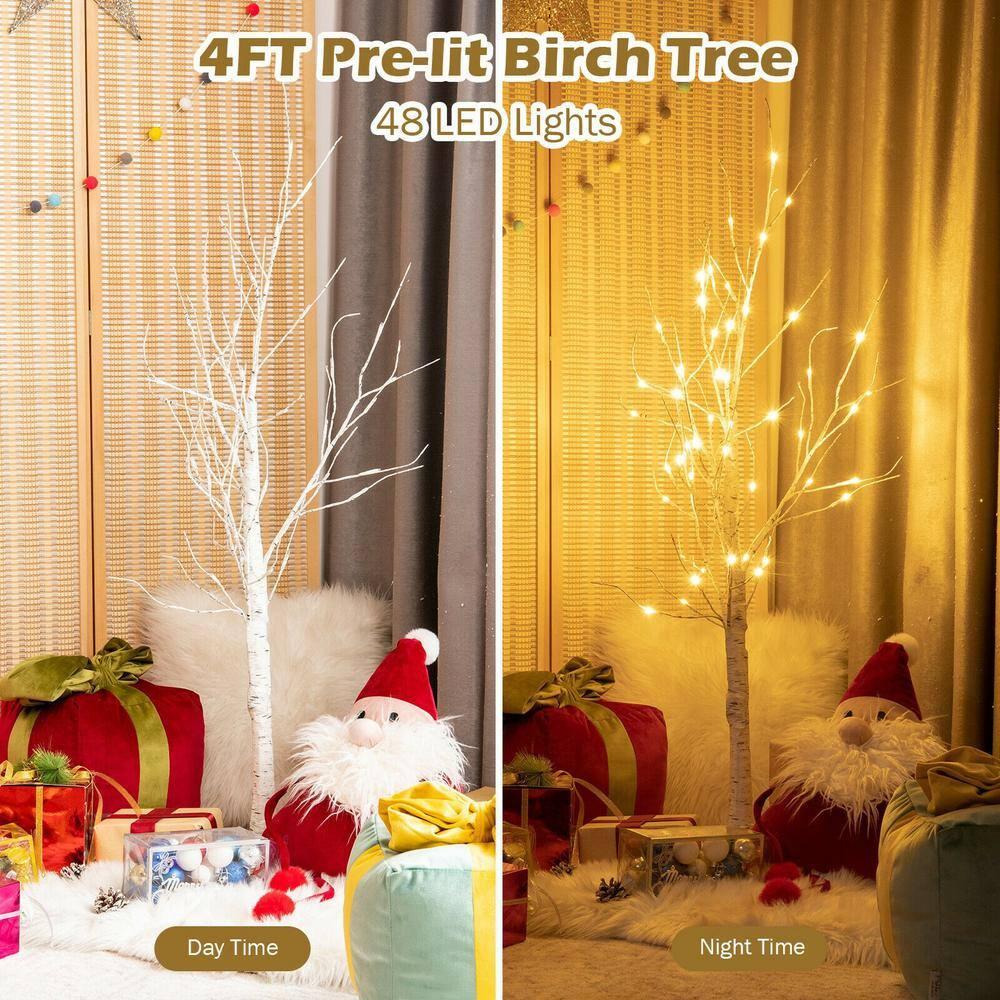 Costway 4ft Pre-lit White Twig Birch Tree for Christmas Holiday w/ 48 LED Lights