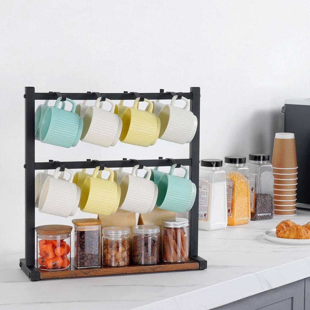 Coffee Mug Holder for Countertop, 16-Hooks Coffee Cup Holder with Storage Base, 2-Tier Mugs Tree Rack Carbon Steel