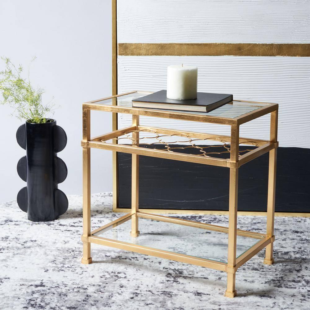 Hanzel Gold Leaf Glass Side Table - AMH8312A - Gold/Glass - Safavieh Couture