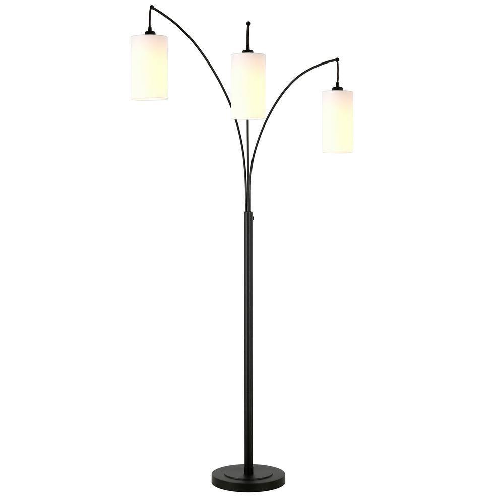 Hudson and Canal 3-Light Torchiere Floor Lamp with Fabric Shade Blackened Bronze/White: Metal Body, Push Button Foot Switch