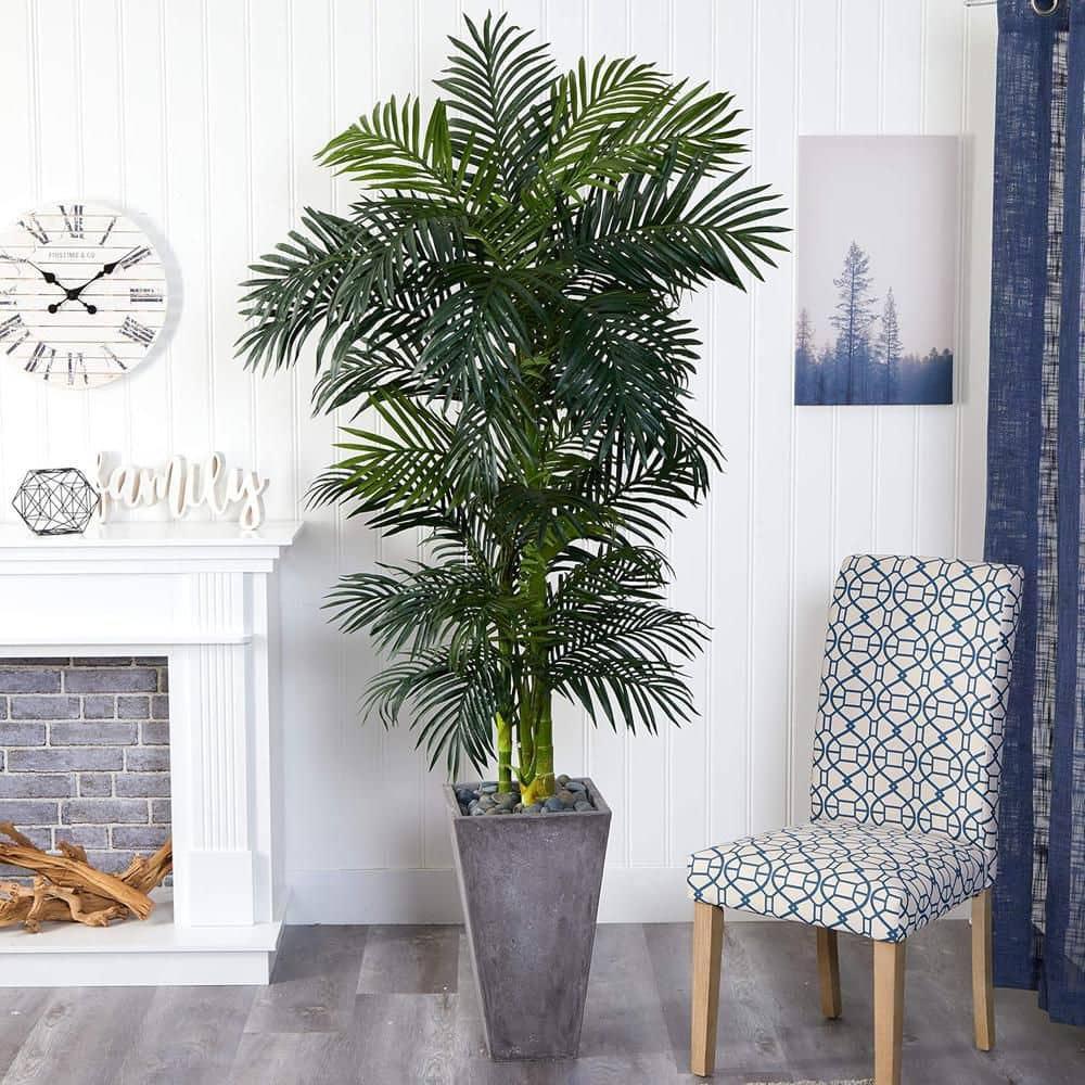 Nearly Natural 7-ft Golden Cane Artificial Palm Tree in Cement Planter