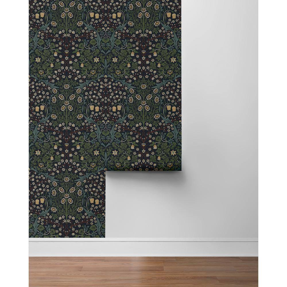 NextWall  Victorian Garden Floral Peel and Stick Wallpaper 20.9 in. W x 18 ft. L - Midnight Blue & Evergreen