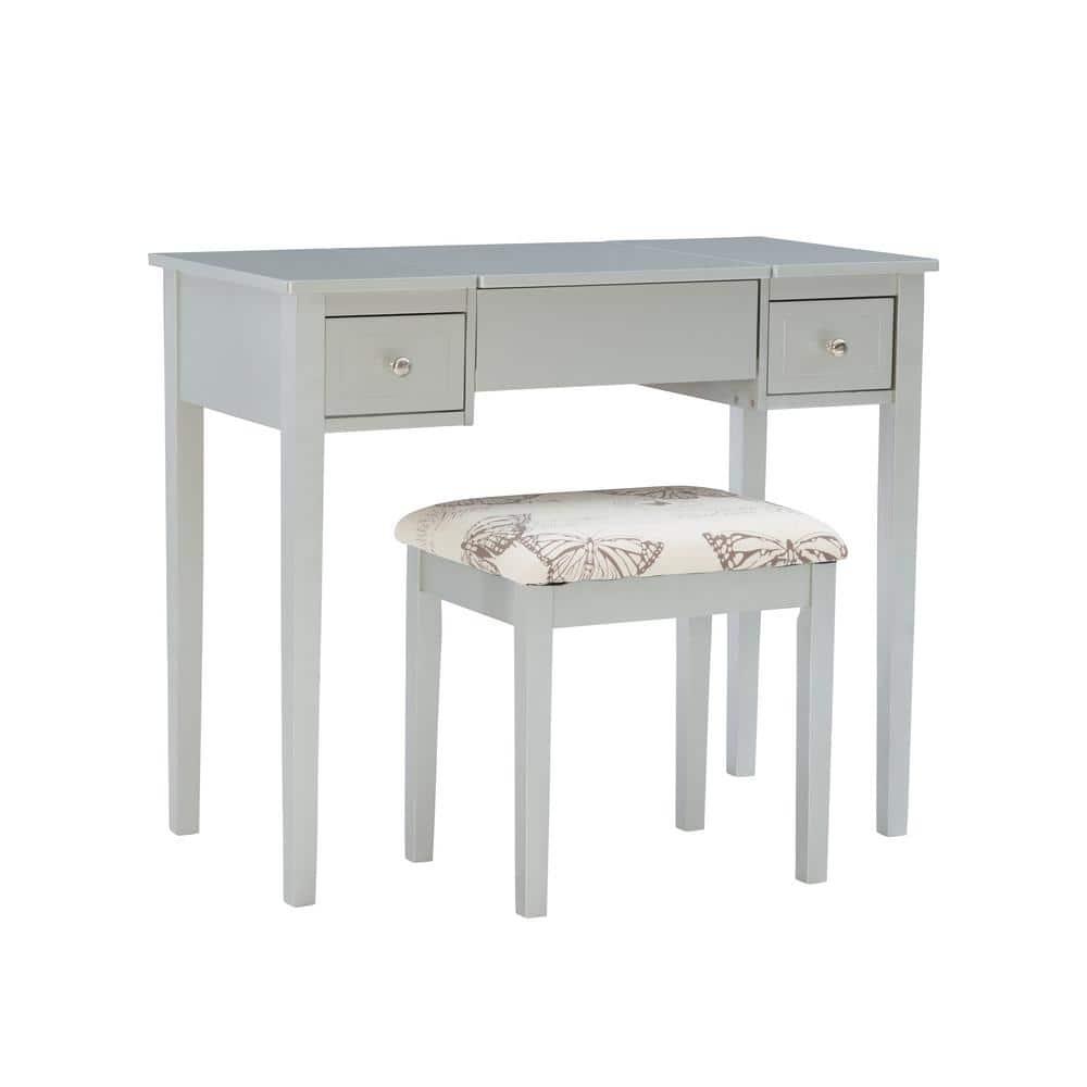 Traditional Wood Flip Up Mirror Drop Drawer Butterfly Vanity and Stool Silver - Linon