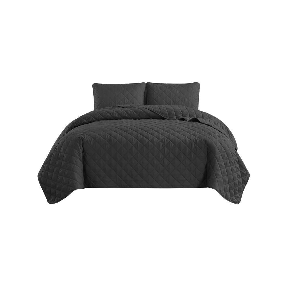 Swift Home | Essential Diamond Stitched 3-Piece Quilt Set Dark Grey Twin/Twin XL