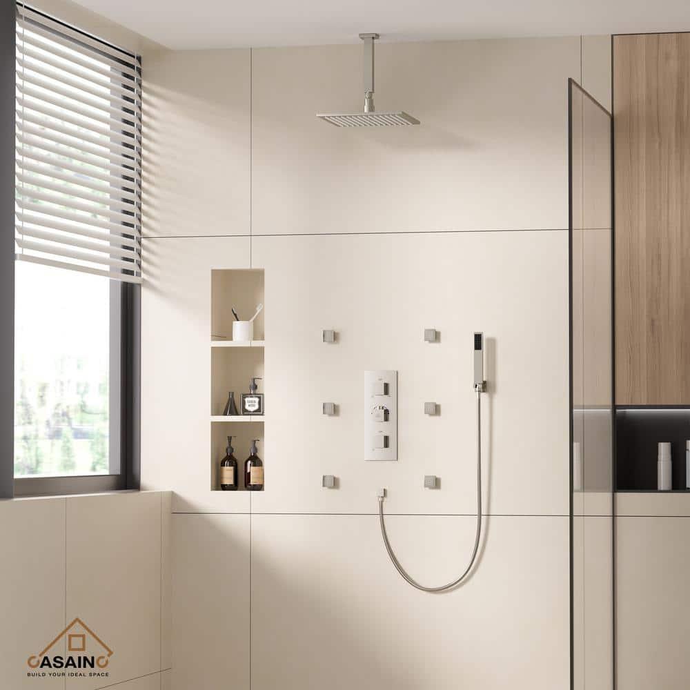 CASAINC LED Thermostatic Dual Shower Heads Ceiling Mount Fixed and Handheld Shower Head