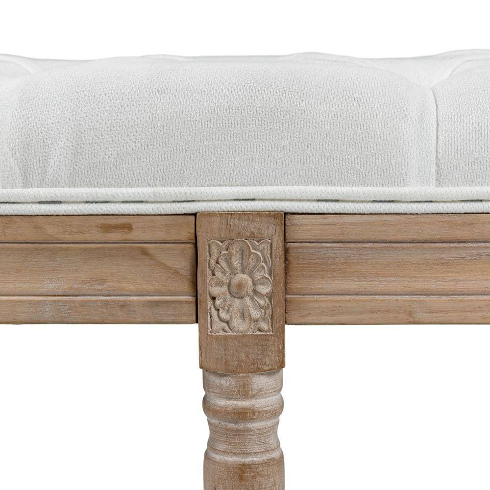HOMCOM French Vintage Style End of Bed Bench, Linen Upholstered Bench with Thick Padded Seat and Wood Legs, Tufted Bedroom Bench, Cream White