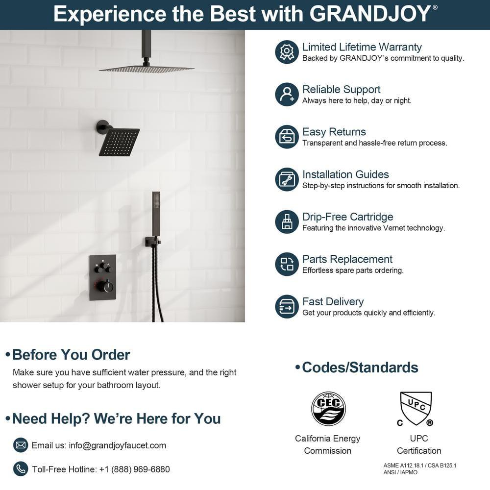 GRANDJOY Dual Wall Mount Rainfall Shower Head System Luxury Adjustable 12 inch & 6 inch Shower Faucet Set with Handheld Shower Spray Thermostatic Pressure Balance Value, Matte Black