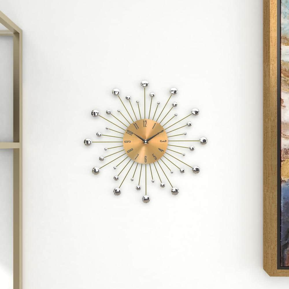 DecMode Gold Metal Glam Wall Clock, 15”L x 0.5”W x 15”H, Features Starburst Design