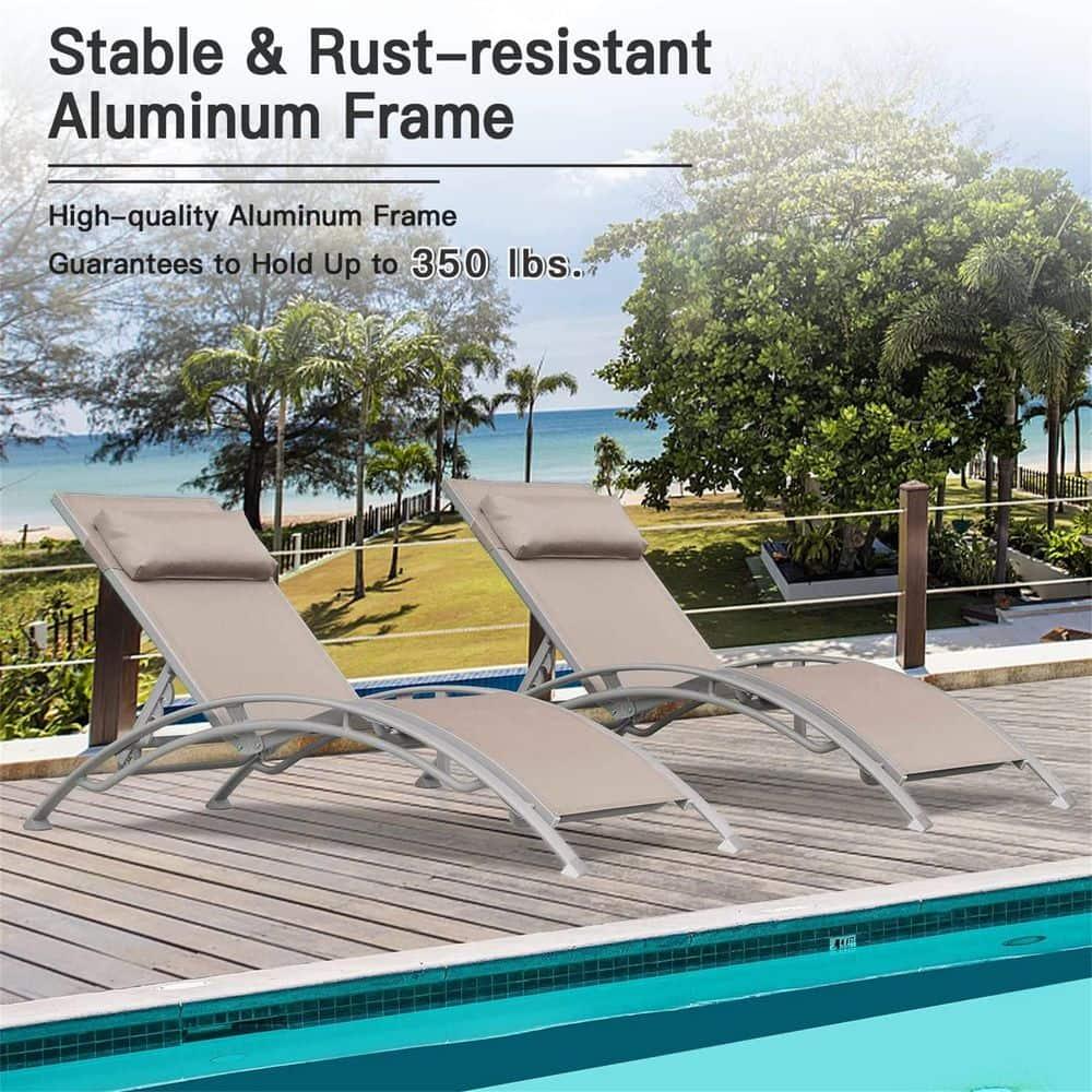 Khaki and Gray Aluminum Outdoor Chaise Lounge Set with Cushions