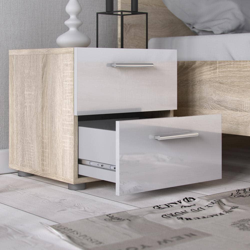 Tvilum, Austin 2 Drawer Nightstand, Oak Structure/White High Gloss