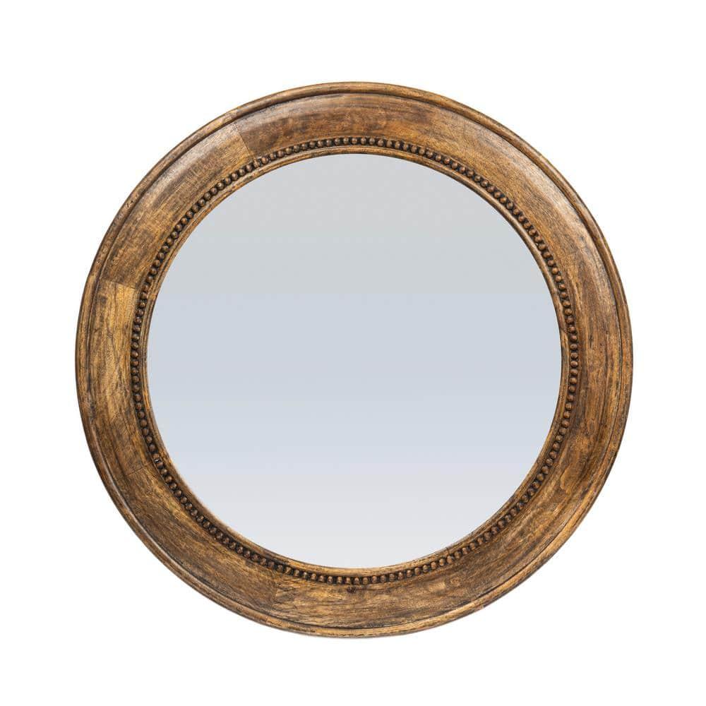 Storied Home Round Carved Wood Framed Wall Mirror with Hobnail Detail: No Assembly, Mango Wood