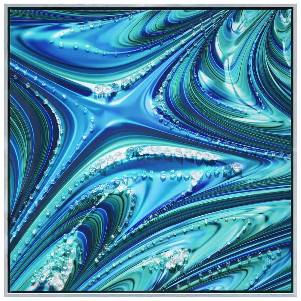 "Ocean Waves II" Crystallus Epoxy Coated Wrapped Framed Glossy Blue Canvas Wall Art with Heavy Acrylic Crystal Shards Embellishments