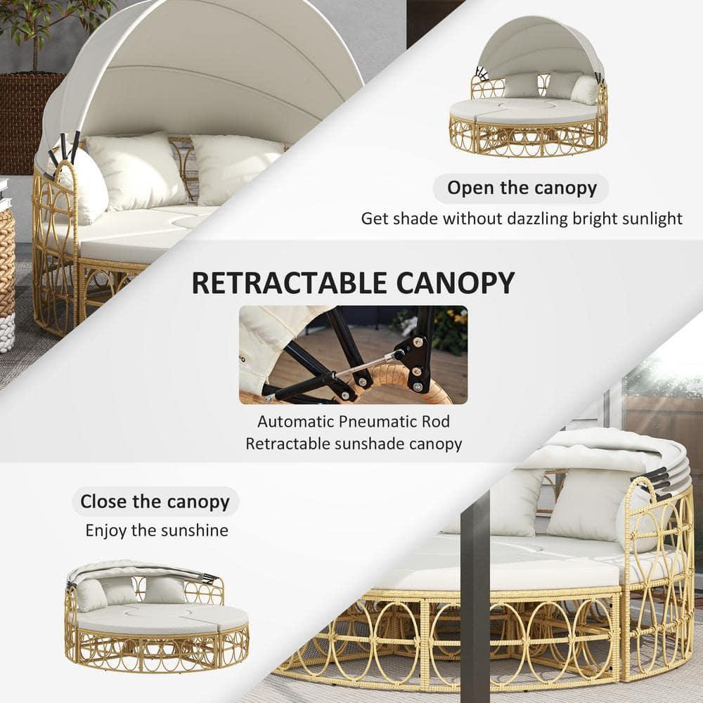 Outsunny 4 Piece Round Outdoor Daybed with Canopy, Cushioned PE Rattan Patio Furniture Set, Cream White