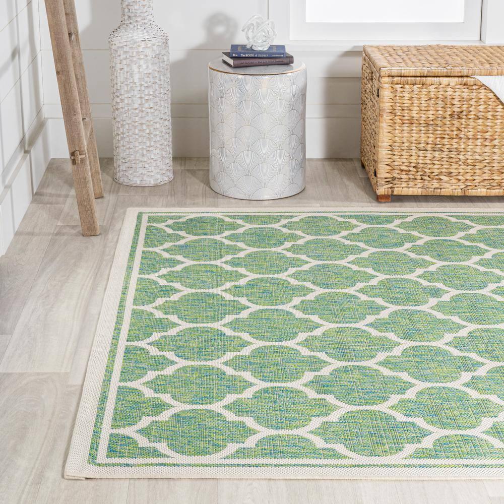 3' x 5' Trebol Moroccan Trellis Textured Weave Indoor/Outdoor Area Rug, Cream/Green - JONATHAN Y