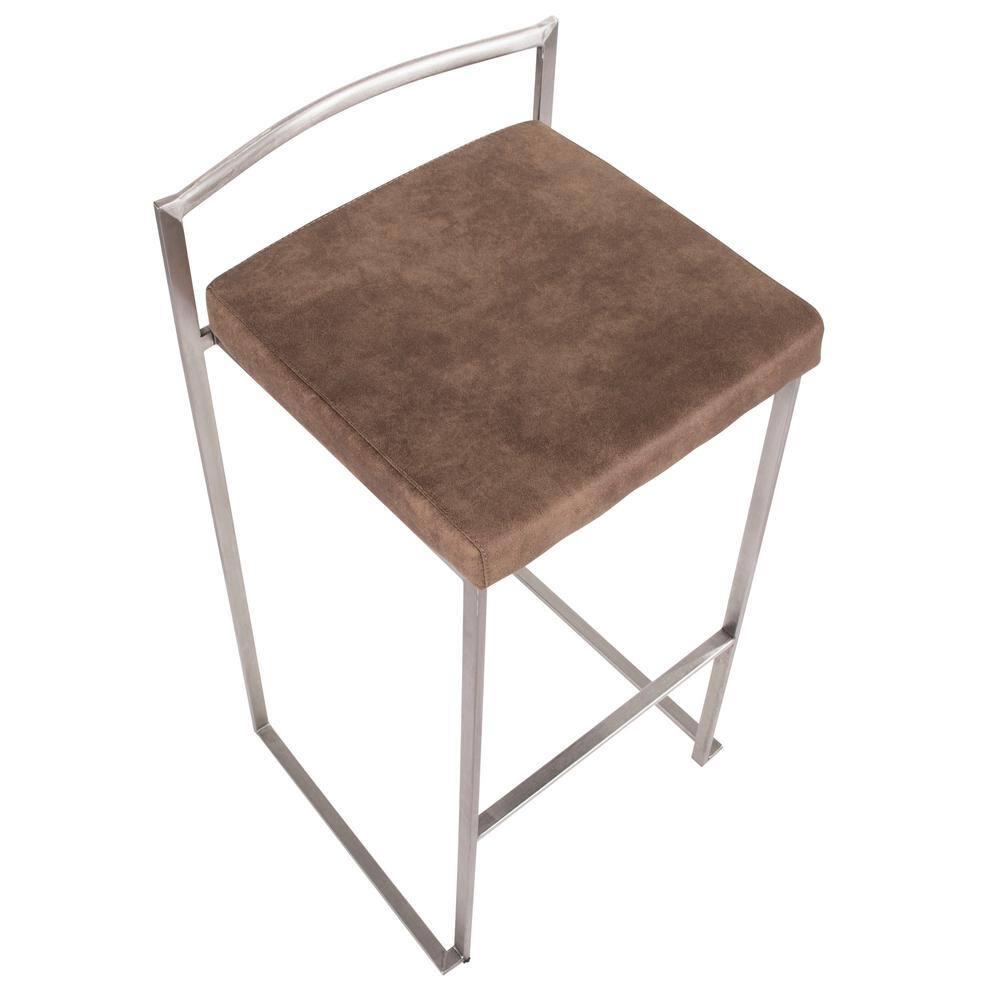Fuji Contemporary Stackable Barstool in Stainless Steel with Brown Cowboy Fabric Cushion by LumiSource - Set of 2