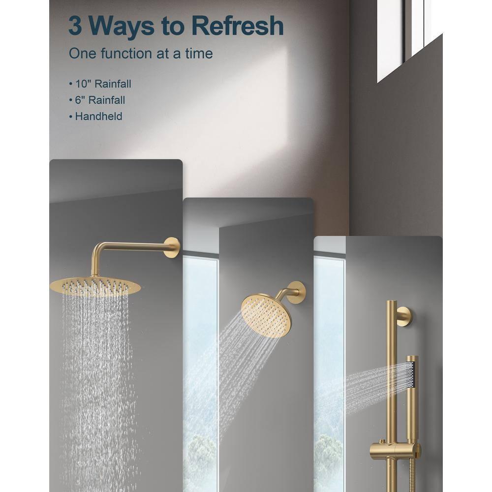 GRANDJOY Complete Shower System, 10" and 6" Dual Wall Mount Rain Shower Faucets with Handheld Shower Spray, High Pressure in Brushed Gold