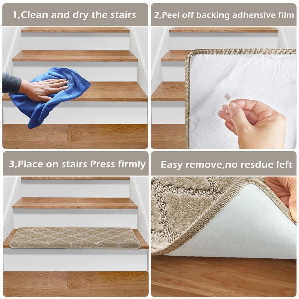 PURE ERA Bullnose Carpet Stair Treads Protectors for Wooden Steps 9.5" x 30"x1.2" Pet Friendly Tape Free Non-Slip (Set of 14 Pieces,Cream Gray Diamond Trellis)
