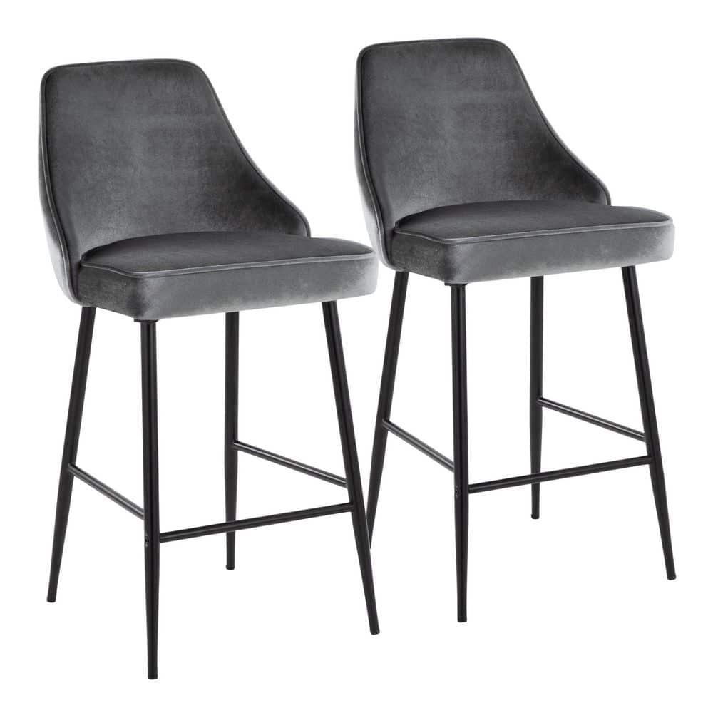 Marcel 25" Contemporary Fixed-Height Counter Stool In Black Metal And Blue Velvet - Set Of 2