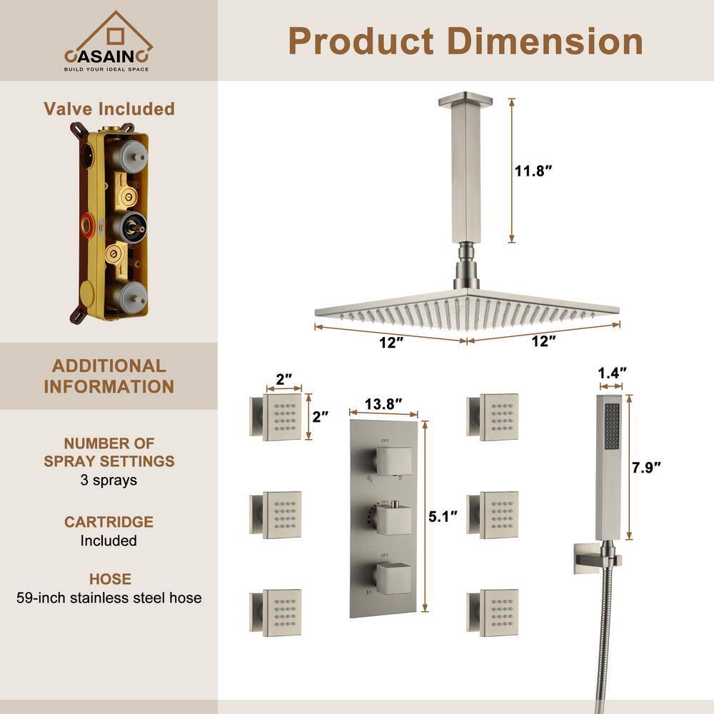 CASAINC LED Thermostatic Dual Shower Heads Ceiling Mount Fixed and Handheld Shower Head