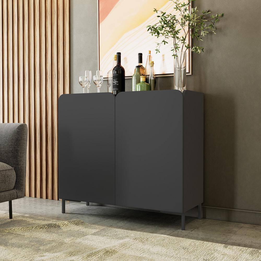 Manhattan Comfort Bogardus Mid - Century Modern 4 Shelf Accent Cabinet Black: Painted Particle Board, Fixed Shelves, Anti-Tip Hardware