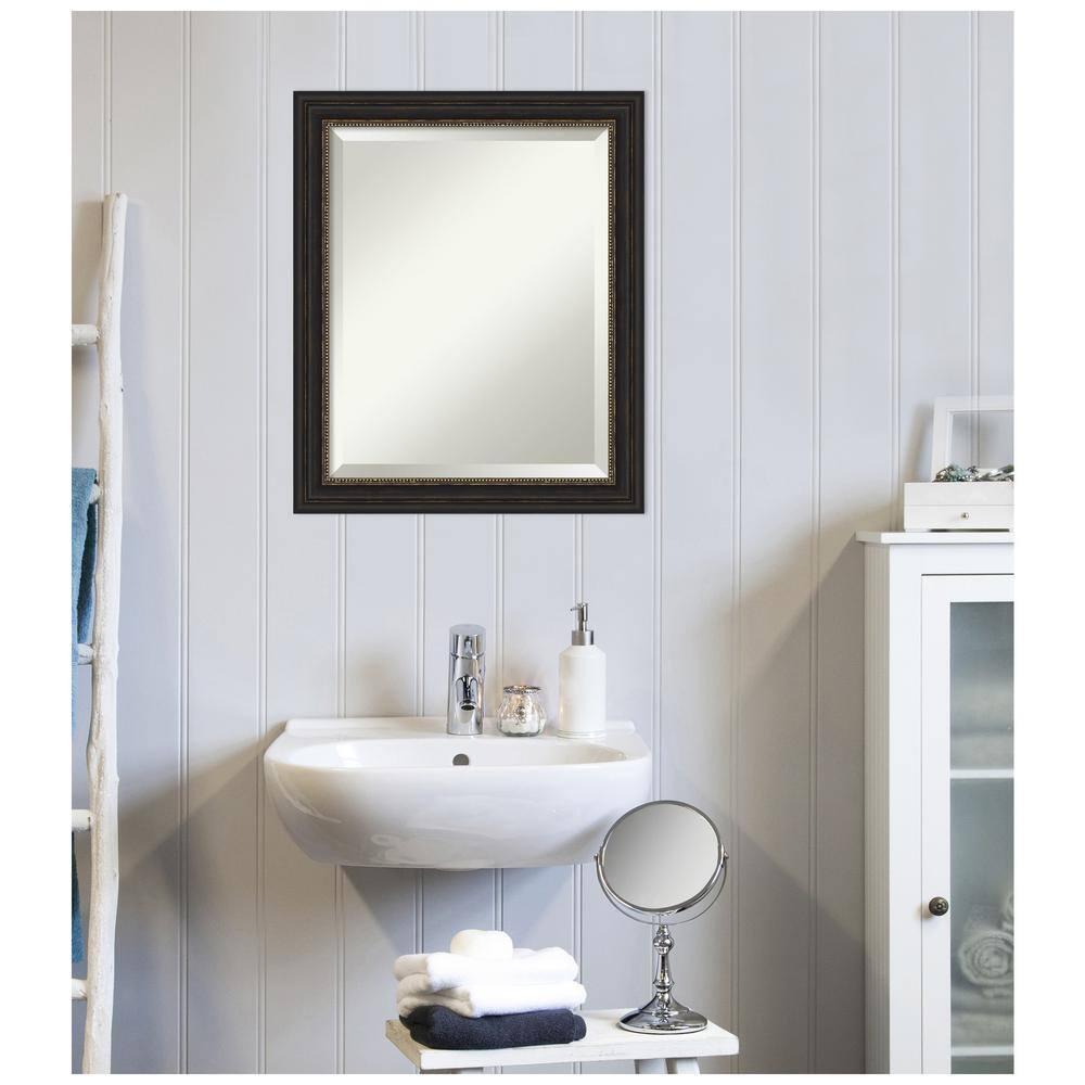 Amanti Art Beveled Bathroom Wall Mirror - Accent Bronze Narrow Frame Outer Size: 20 x 24 in