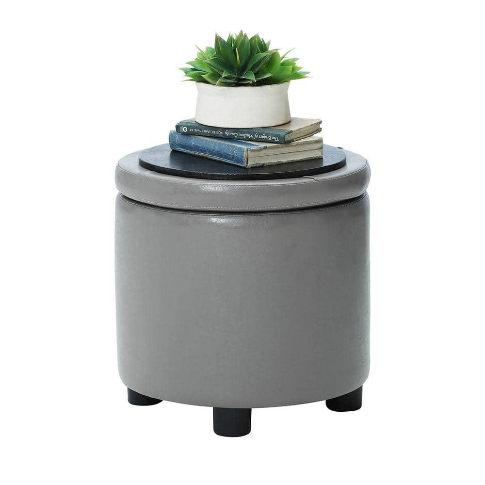 Designs4Comfort Round Accent Storage Ottoman with Reversible Tray Lid, Taupe Gray Faux Leather