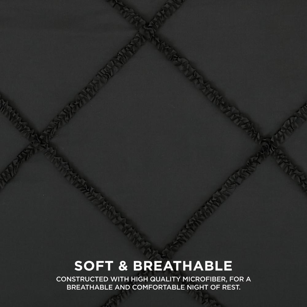 Full Black Microfiber Diamond Ruffle Reversible Comforter Set