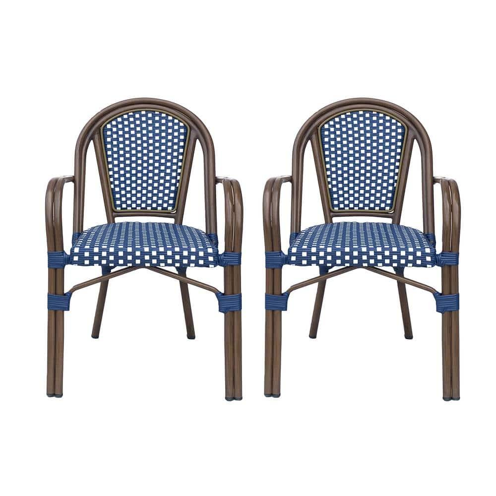 Cecil Aluminum and Wicker Outdoor French Bistro Chairs, Set of 2, Navy Blue, White, and Brown Wood
