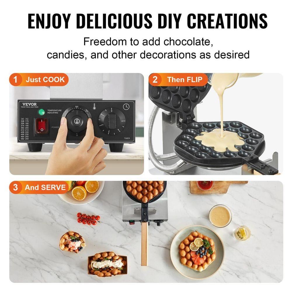 VEVOR Commercial Bubble Waffle Maker, 1400W Egg Bubble Puff Iron w/ 180° Rotatable 2 Pans & Wooden Handles, Stainless Steel Baker w/Non-Stick Teflon Coating, 50-250℃/122-482℉ Adjustable